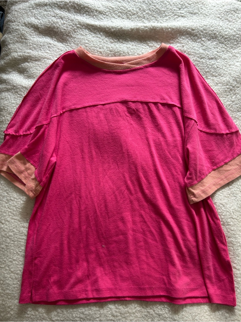 Women's Hot Pink Short Sleeve Boatneck Top with Peach Trim